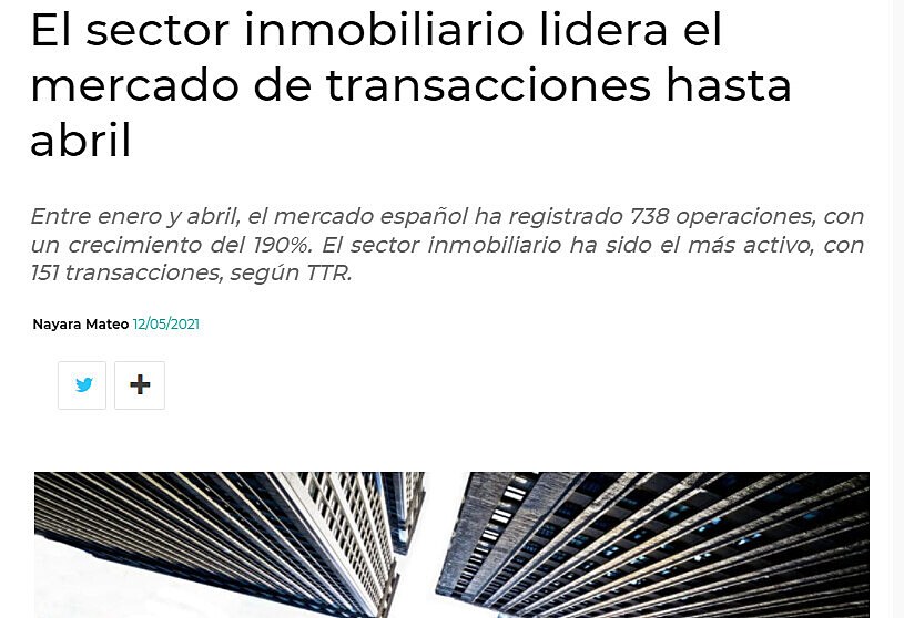 El sector inmobiliario lidera el mercado de transacciones hasta abril